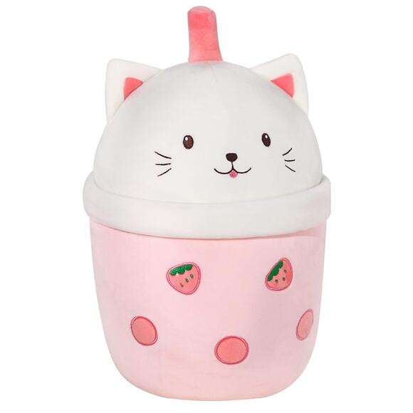 14 Inch Boba Tea Strawberry Cat Plush Pillow - Soft Hugging Toy for Kids & Decor - Picture 1 of 6